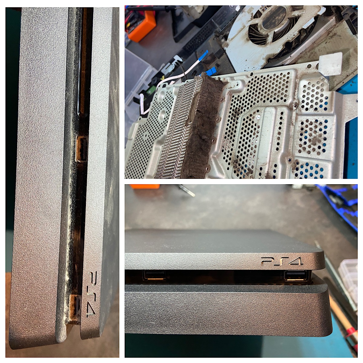 Kompilacja trzech ujęć konsoli PlayStation 4: widok portów USB z boku, wnętrze otwartej konsoli z zakurzonym radiatorem i wentylatorem, oraz widok portów USB z przodu.