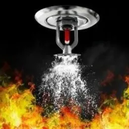 Dysza tryskacza przeciwpożarowego uruchomiona, rozpylająca wodę na tle płomieni.