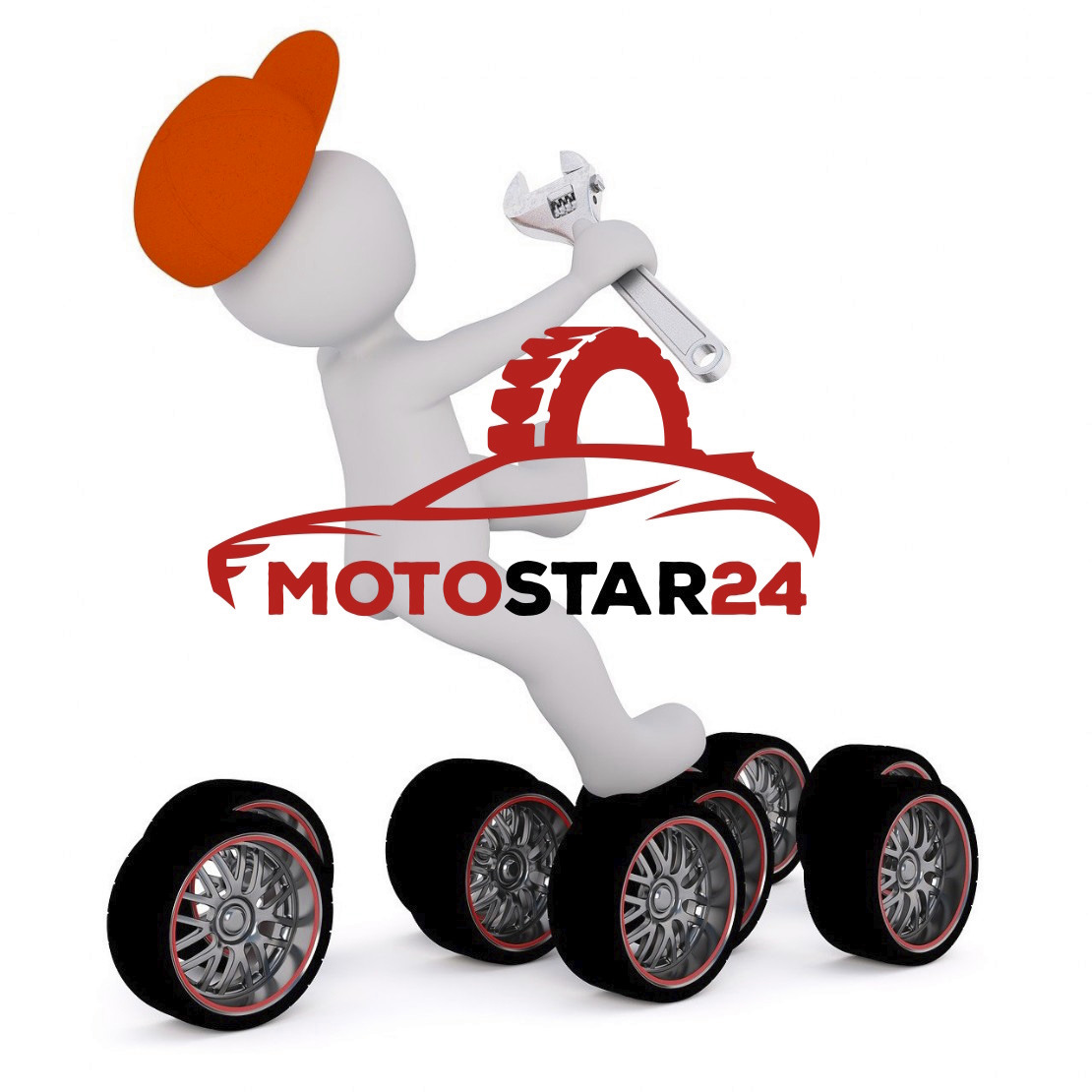 Animowana postać z kluczem francuskim i czapką, logo MotoStar24 oraz rząd opon z felgami na białym tle.