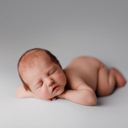 Zaczarowana Migawka studio fotograficzne - Śpiący noworodek ułożony na brzuszku z rączkami pod policzkiem, na gładkim, jasnoszarym tle.