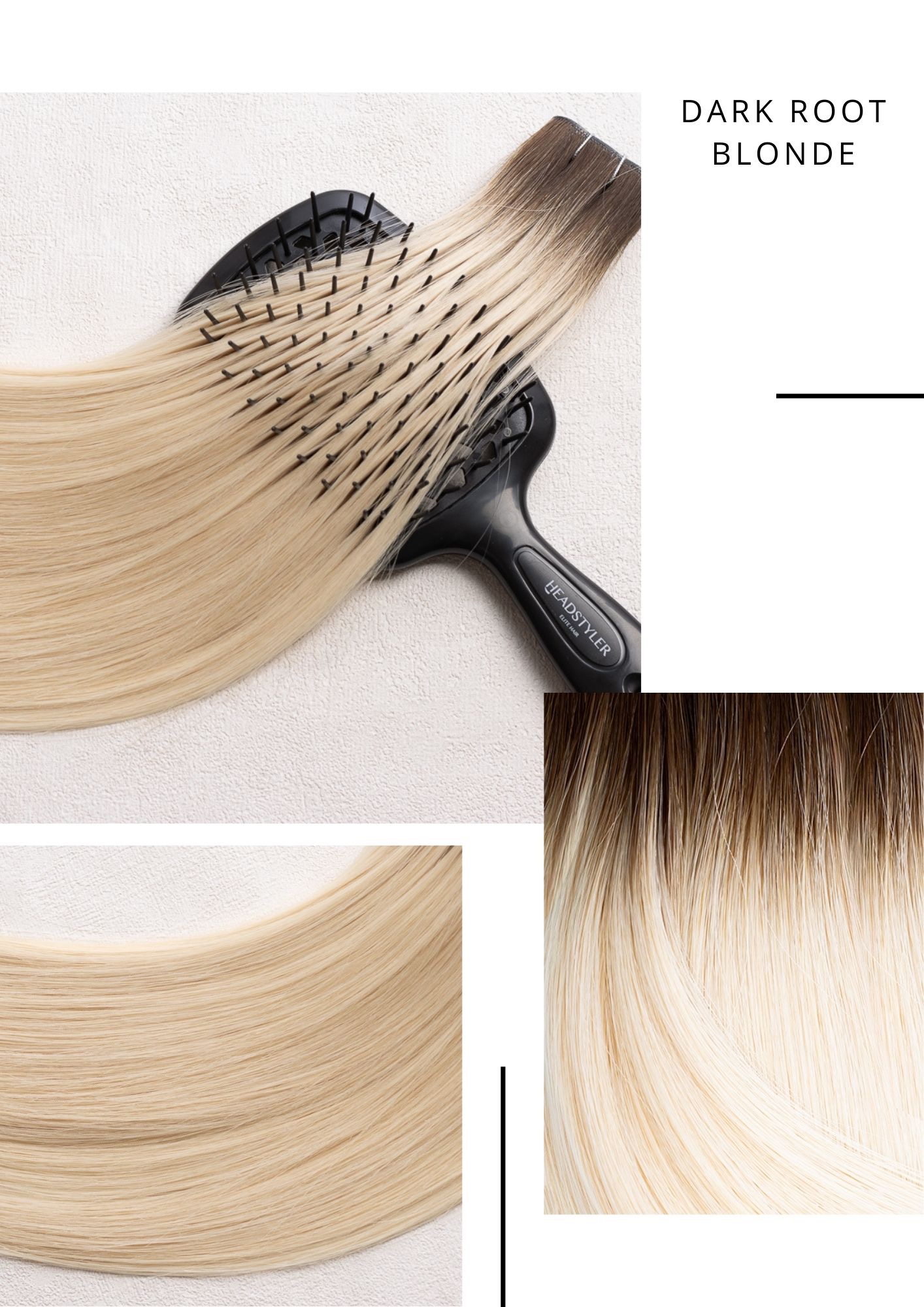 Blond włosy z ciemnym odrostem przeczesywane czarną szczotką Headstyler, zbliżenie na strukturę i kolor włosów.