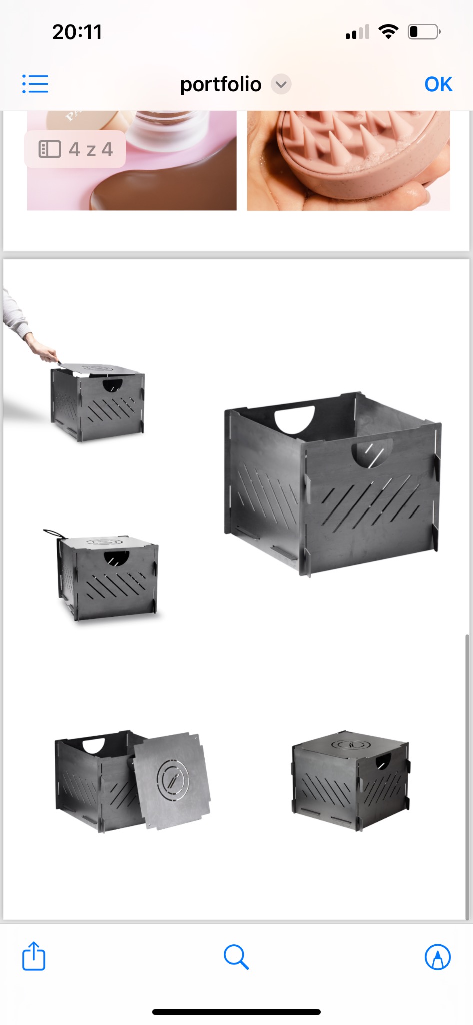 Metalowe pudełka z wyciętymi ukośnymi wzorami, prezentowane w różnych ujęciach na białym tle, jedno z pudełek otwierane przez dłoń.