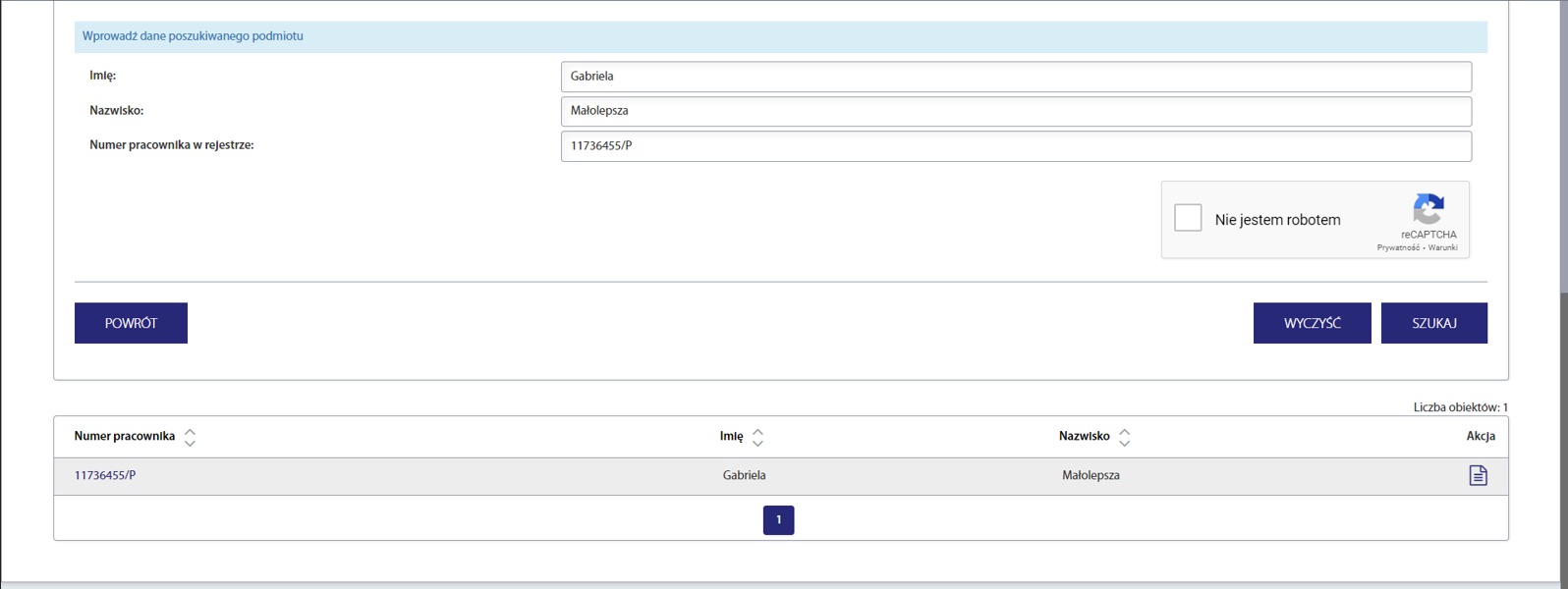 Formularz online z danymi: imię Gabriela, nazwisko Małolepsza, numer pracownika 11736455/P. Widoczne przyciski: Powrót, Wyczyść, Szukaj i pole reCAPTCHA.