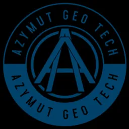 Logo firmy Azymut Geo Tech w kolorze niebieskim na czarnym tle, przedstawiające dwie litery 'A' wpisane w okrąg.