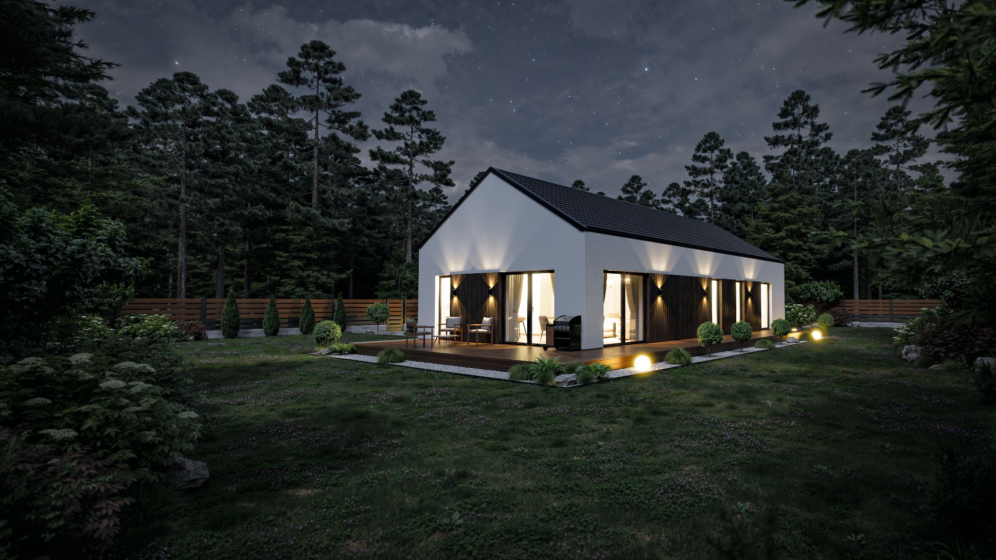 Nowoczesny dom z białymi ścianami i czarnym dachem, oświetlony nocą, otoczony zielenią i drzewami. Widoczny taras z meblami ogrodowymi i grillem.