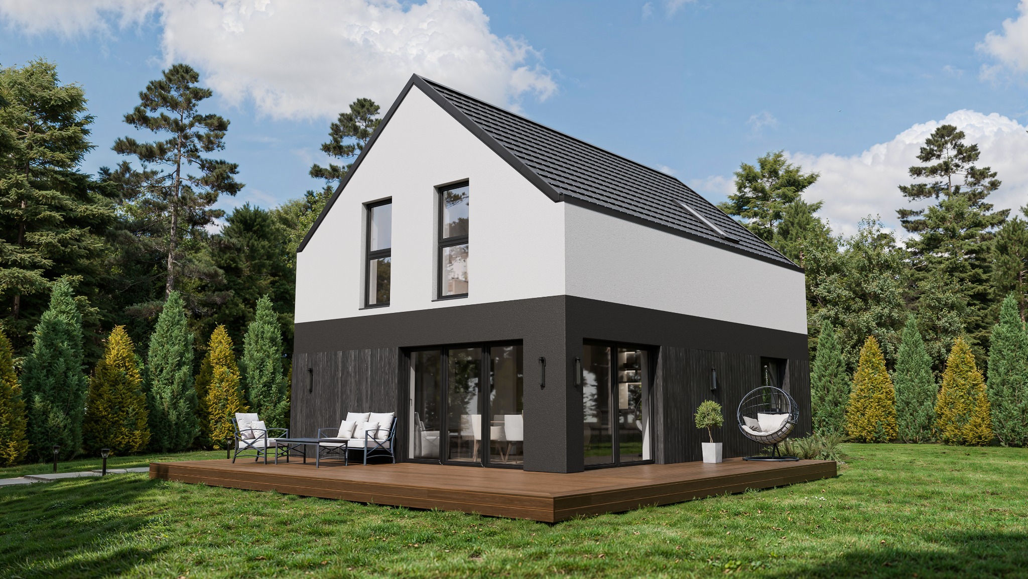 Nowoczesny dom murowany z tarasem i meblami ogrodowymi, otoczony zielenią. Dwukondygnacyjny budynek z czarno-białą elewacją i ciemną dachówką.