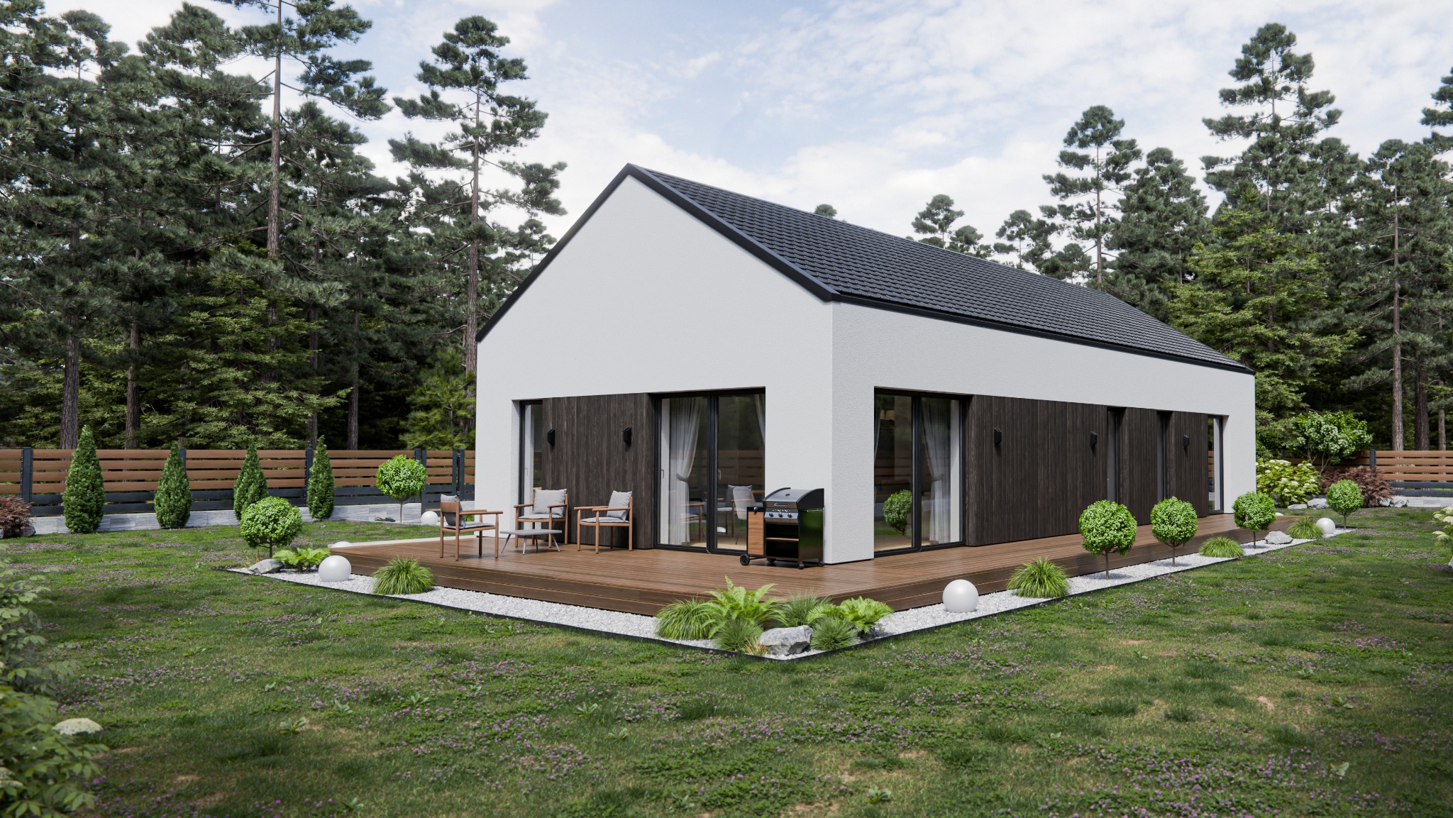 Nowoczesny dom z białymi ścianami i drewnianą elewacją, taras z grillem i meblami ogrodowymi, otoczony zielenią i drzewami. Minimalistyczny design.