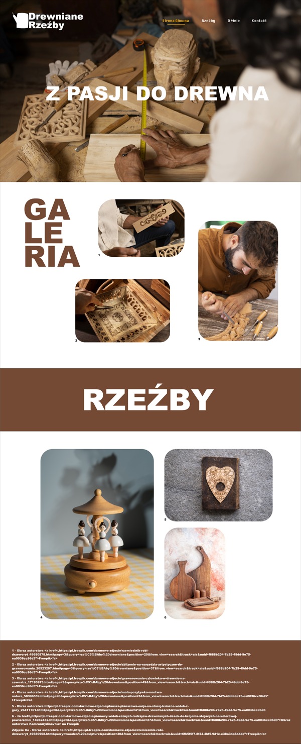Kolaż zdjęć prezentujący rzeźby w drewnie: detale pracy rzemieślnika, gotowe figurki i deski do krojenia.