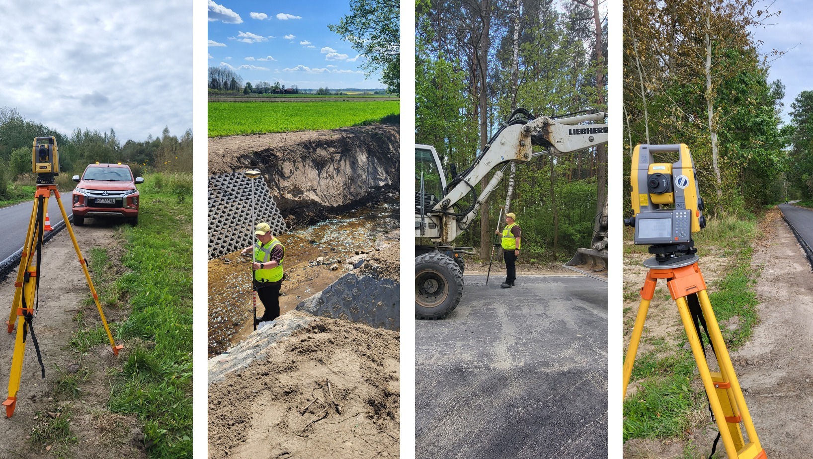 Praca pomiarowa na czterech ujęciach: tyczenie drogi z użyciem tachimetru i samochodu terenowego, pomiary przy korycie rzeki z użyciem GPS RTK, pomiary niwelacyjne przy użyciu koparki, tachimetr...