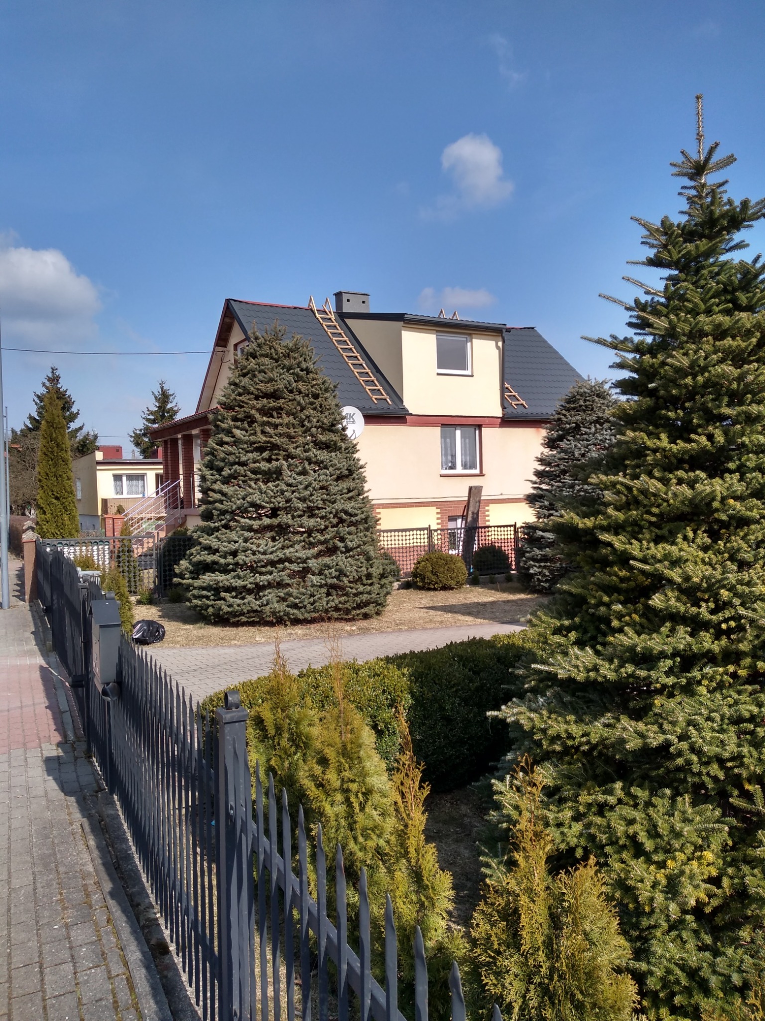 Dwukondygnacyjny dom z ciemnoszarą dachówką, widoczny zza metalowego ogrodzenia i iglaków, z drewnianą drabiną opartą o dach.
