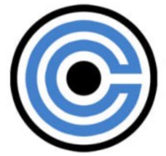 Niebieskie logo w kształcie koncentrycznych okręgów z czarnym punktem w centrum, umieszczone w czarnej obwódce.