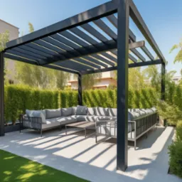 Nowoczesna pergola z ciemną konstrukcją i szarymi meblami wypoczynkowymi na jasnym tarasie, otoczona zielenią.