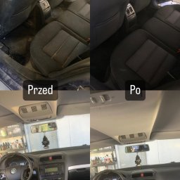 Macro Clean Detailing - Porównanie wnętrza samochodu przed i po czyszczeniu: widoczne fotele, deska rozdzielcza i podsufitka. Po prawej stronie widać znaczną poprawę czystości.