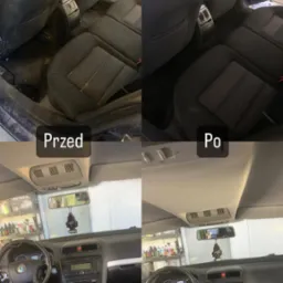 Porównanie wnętrza samochodu przed i po czyszczeniu: widoczne fotele, deska rozdzielcza i podsufitka. Po prawej stronie widać znaczną poprawę czystości.