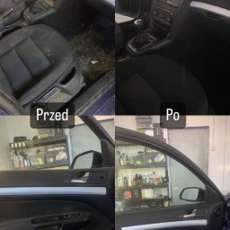 Macro Clean Detailing - Porównanie wnętrza samochodu przed i po czyszczeniu, widoczne różnice w czystości tapicerki siedzeń i boczków drzwi.