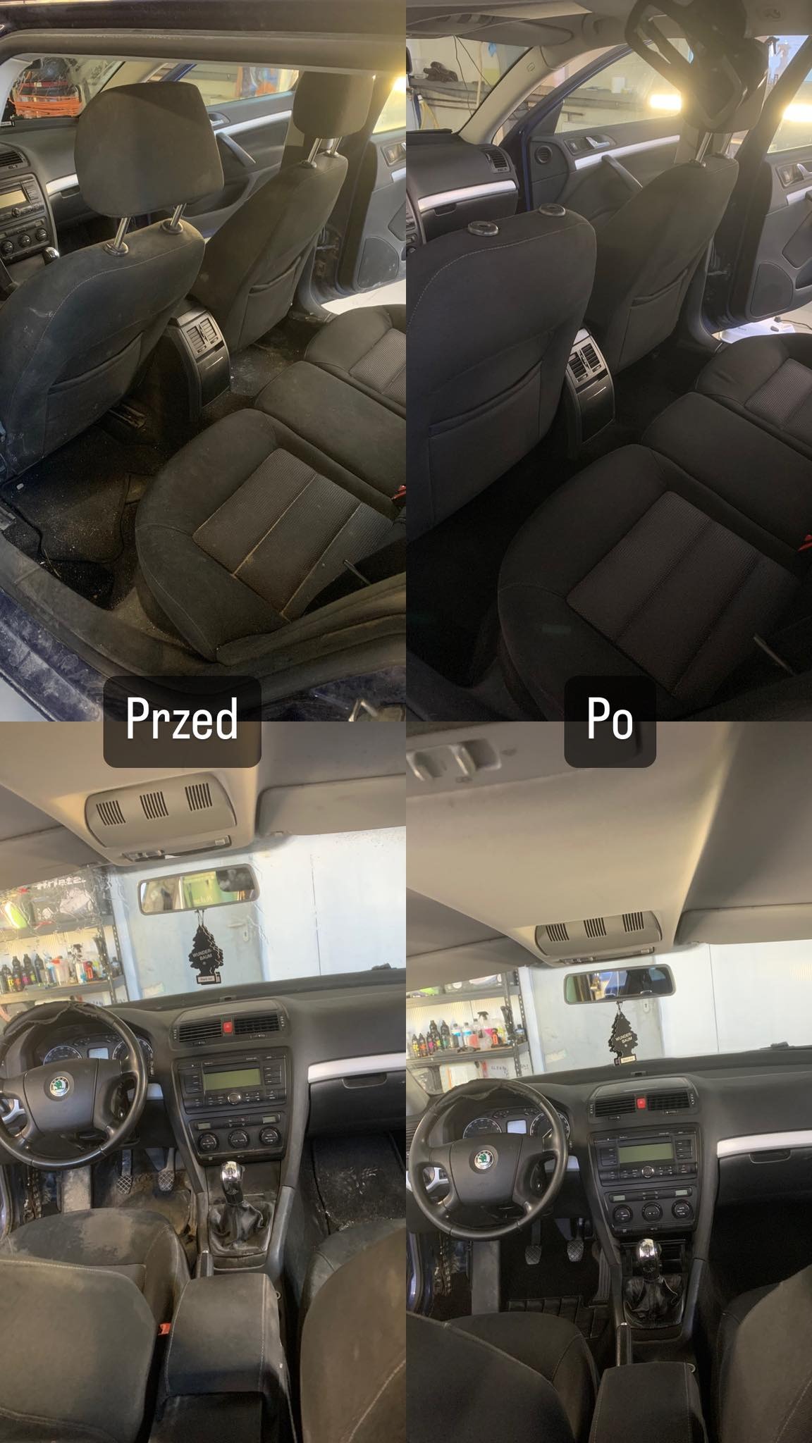 Porównanie wnętrza samochodu przed i po czyszczeniu: widoczne fotele, deska rozdzielcza i podsufitka. Po prawej stronie widać znaczną poprawę czystości.