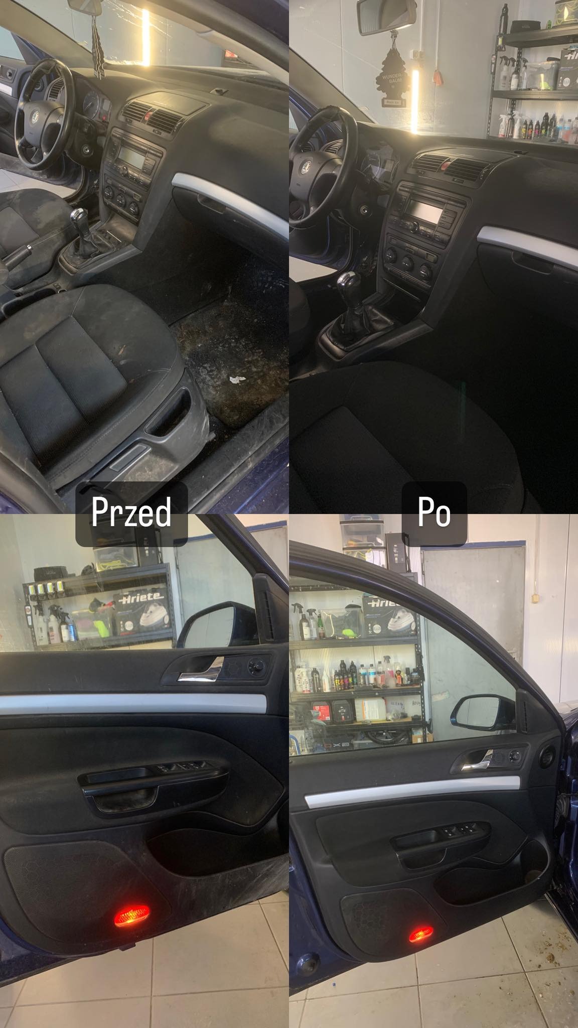 Porównanie wnętrza samochodu przed i po czyszczeniu, widoczne różnice w czystości tapicerki siedzeń i boczków drzwi.