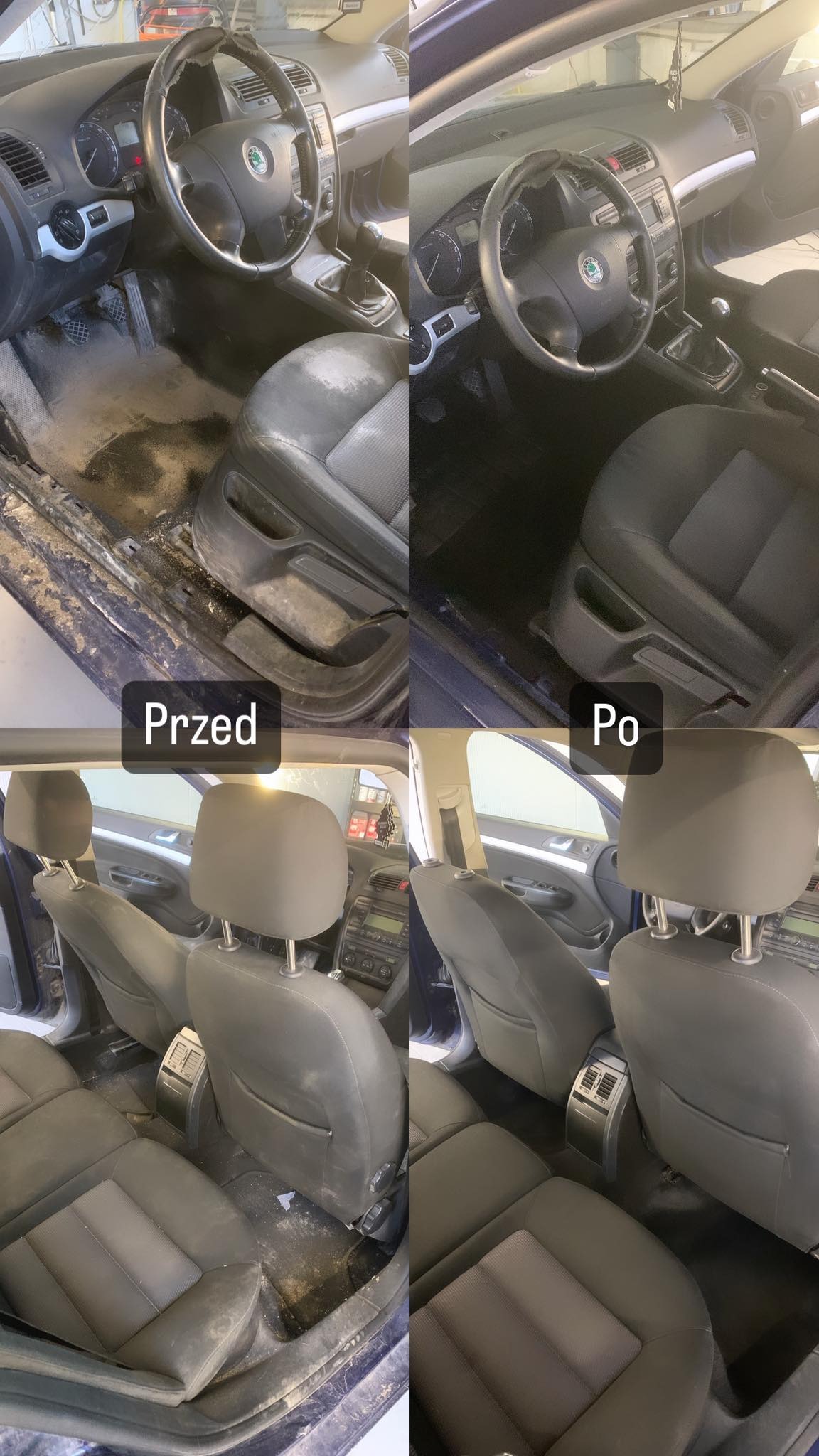 Tapicerka samochodowa Skoda Octavia przed i po czyszczeniu: brudny kokpit i fotele vs. czyste i odświeżone wnętrze.