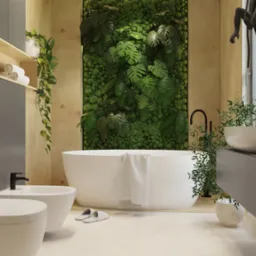 Nowoczesna łazienka we Wrocławiu z wanną wolnostojącą, umywalkami nablatowymi, bidetem i toaletą, ozdobiona ścianą z zieleni oraz dekoracyjnymi figurkami małp.