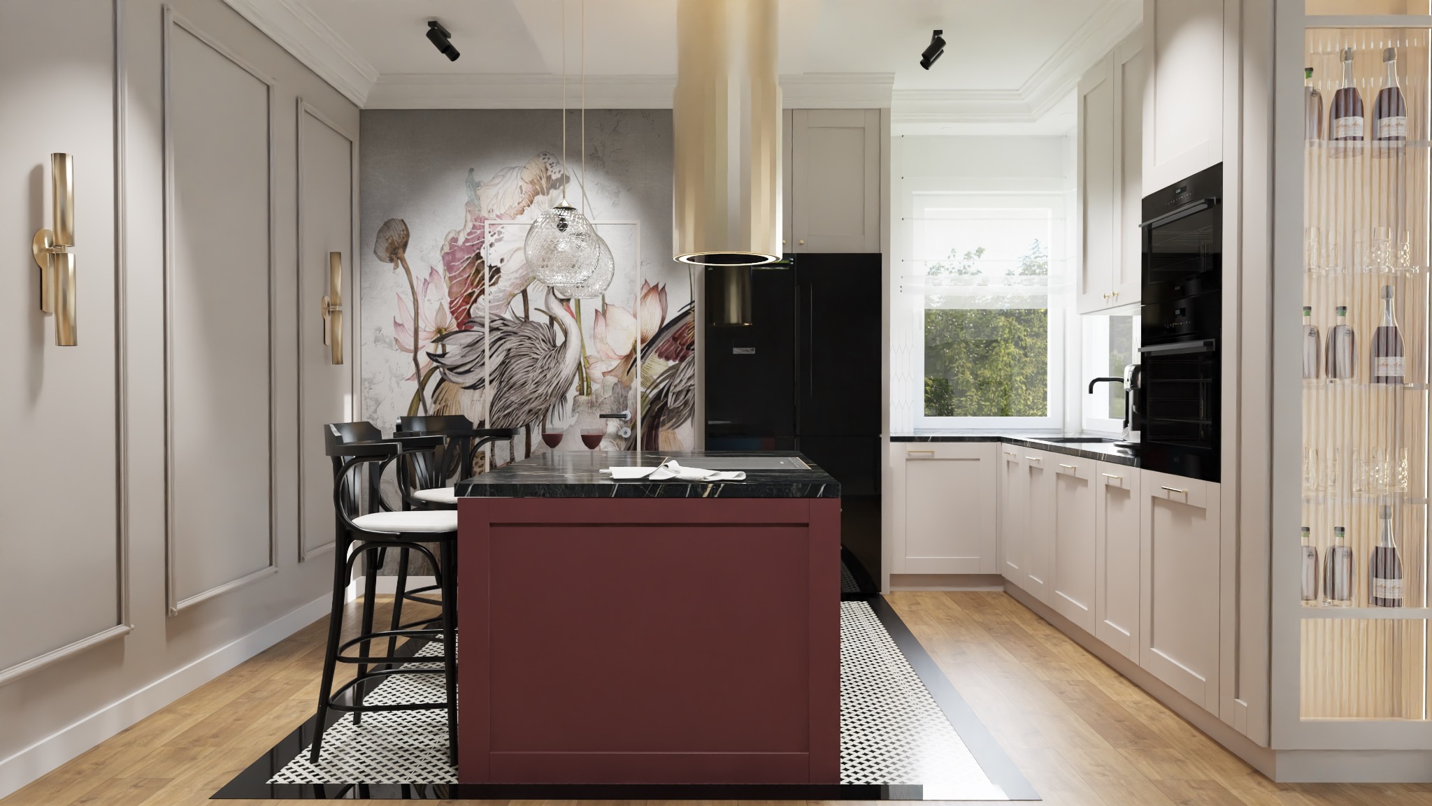 Elegancka kuchnia z wyspą w kolorze burgundu, czarnym blatem i motywem kwiatowym na ścianie. Wiszące szklane lampy i złoty okap nad wyspą. W tle czarna lodówka i zabudowa kuchenna w jasnych...