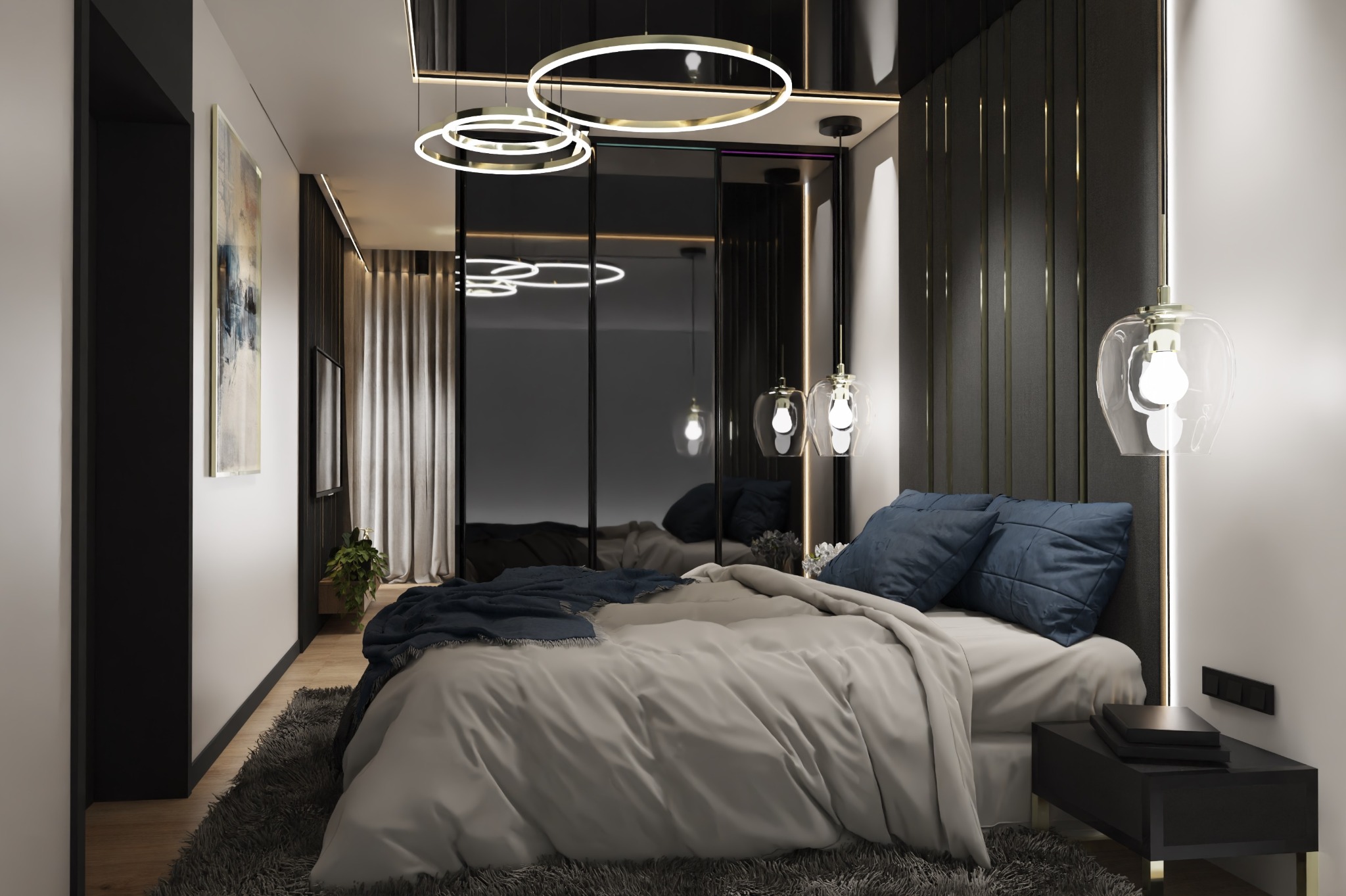 Nowoczesna sypialnia z łóżkiem z szarą pościelą i niebieskimi poduszkami, okrągłe lampy sufitowe i szklane lampy wiszące, ciemne panele ścienne i duże lustrzane drzwi przesuwne
