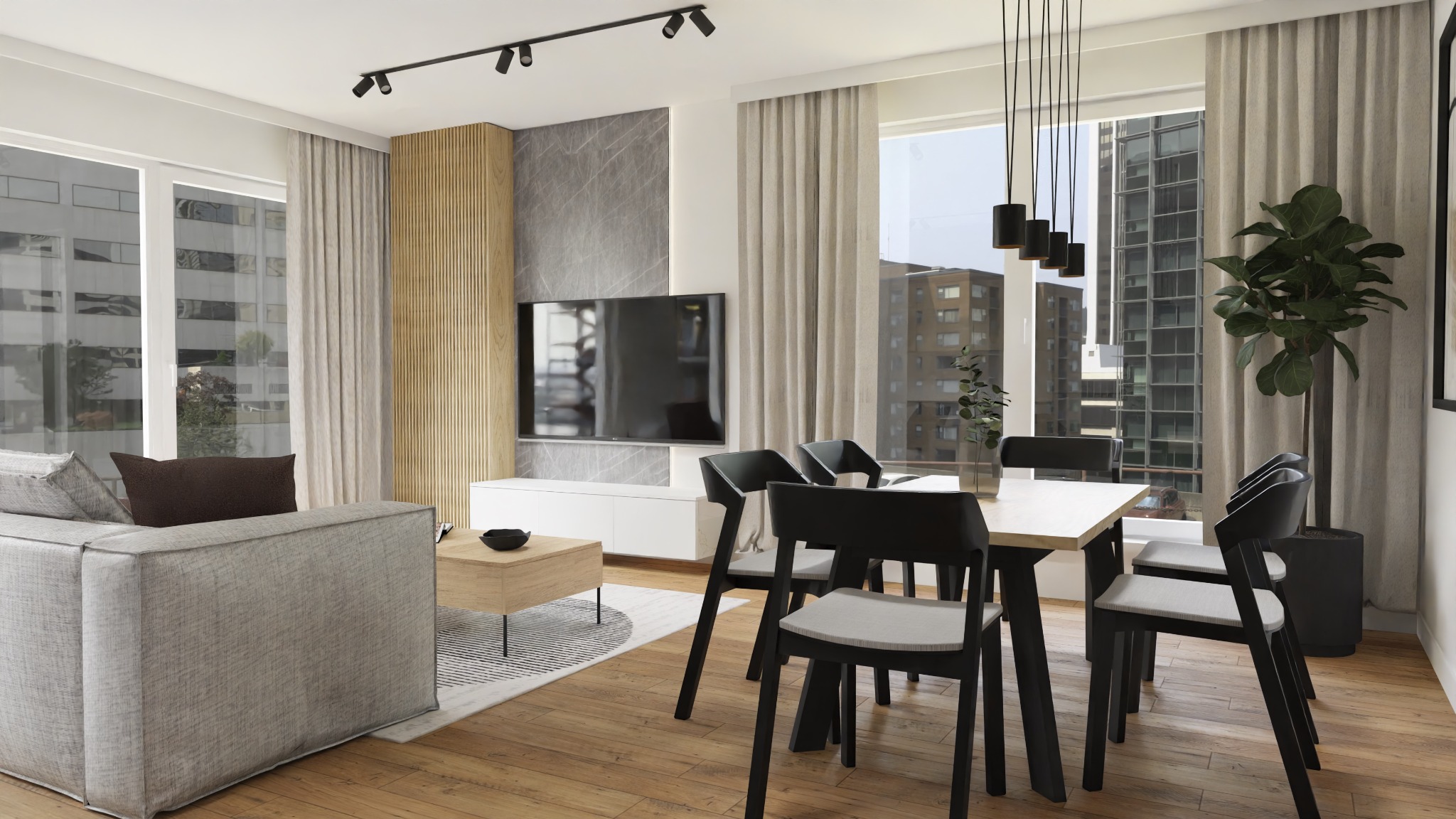 Nowoczesny salon z jadalnią, szary narożnik z brązową poduszką, drewniany stolik kawowy, czarne krzesła przy jasnym stole, widok na miasto przez okno, oświetlenie punktowe na suficie.