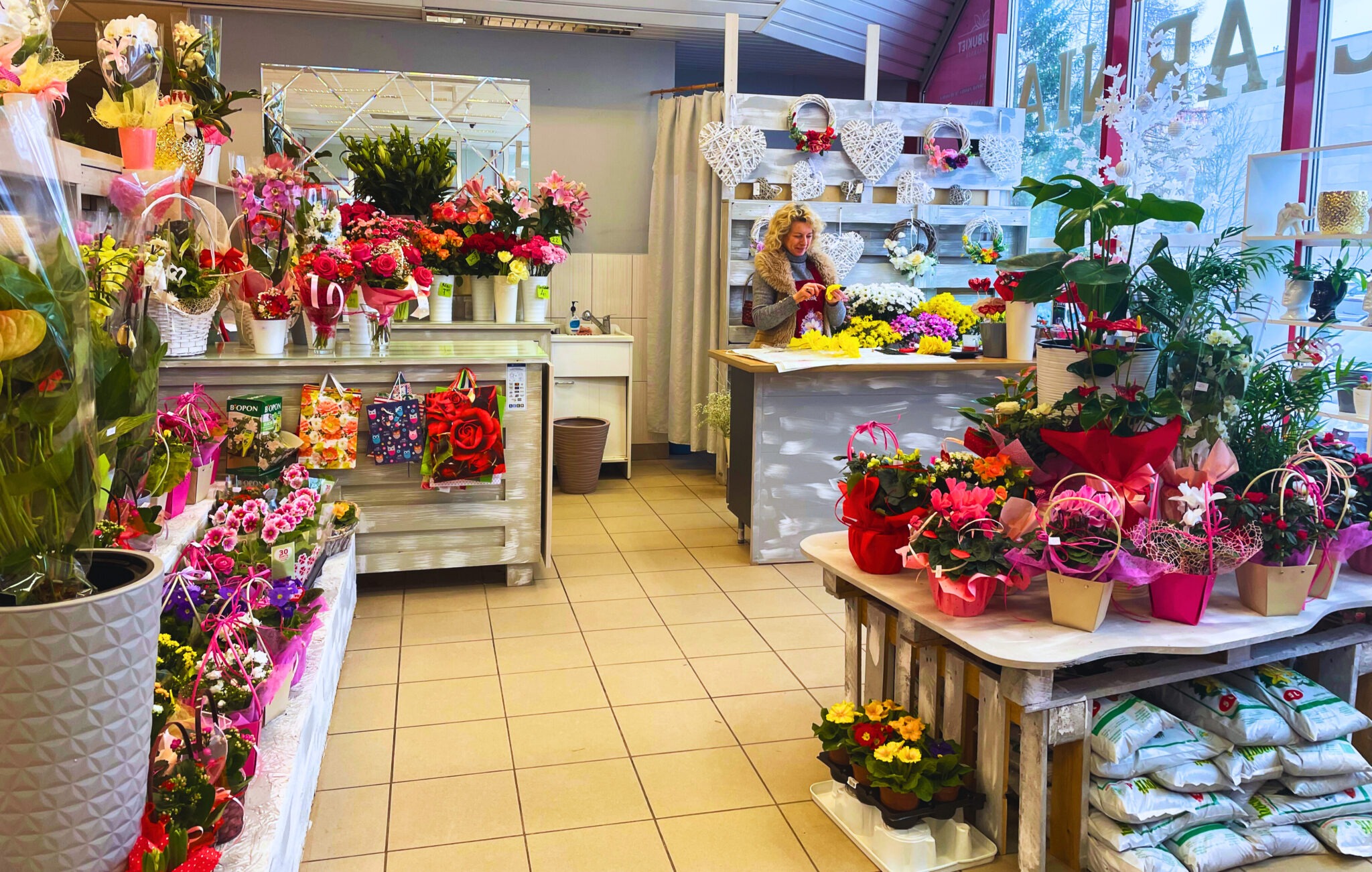 Wnętrze kwiaciarni z ekspozycją różnorodnych kwiatów doniczkowych i ciętych, dekoracyjnych wieńców, oraz pracującą florystką przy ladzie.
