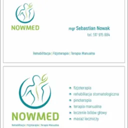 Wizytówka gabinetu rehabilitacji z logo przedstawiającym stylizowaną sylwetkę człowieka z kręgosłupem i liściem, nazwa firmy NOWMED, imię i nazwisko mgr Sebastian Nowak oraz numer telefonu, a także...