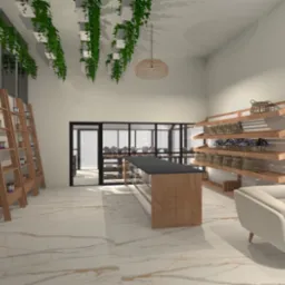 Wizualizacja wnętrza sklepu z drewnianymi regałami ekspozycyjnymi, ladą z szarą górą i kremowym fotelem przy oknie, dekoracjami z roślin zwisających z sufitu i marmurową podłogą.