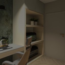 G Art design studio Aleksandra Gumoś - Minimalistyczny pokój z biurkiem, laptopem, regałem z akwariami i roślinami, oświetlony lampami w stylu retro. Ściana z unikalną fakturą i parkiet na podłodze.