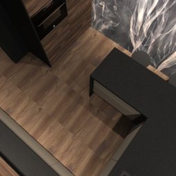 G Art design studio Aleksandra Gumoś - Nowoczesna kuchnia z drewnianą podłogą, czarnymi blatami i oryginalną tapetą z motywem dymu, widziana z góry pod kątem, prezentuje minimalistyczny design wnętrza.