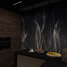 Nowoczesna kuchnia z drewnianymi szafkami, piekarnikiem Electrolux, czarnym blatem i abstrakcyjną tapetą w odcieniach szarości. Na blacie toster i śniadanie.