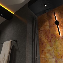 G Art design studio Aleksandra Gumoś - Nowoczesna łazienka z kabiną prysznicową, grafitowymi płytkami i akcentem rdzawej ściany z podświetleniem. Minimalistyczny design, ręcznik na wieszaku.