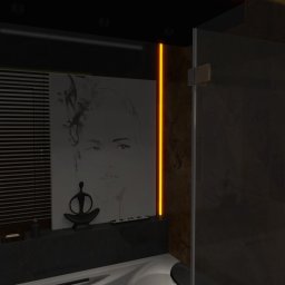 G Art design studio Aleksandra Gumoś - Nowoczesna łazienka z wanną, ciemnymi płytkami i oświetleniem LED. Na ścianie obraz z motywem portretu i dekoracyjna figurka. Minimalistyczny design.