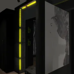 Nowoczesne wnętrze w czerni z akcentami żółtego światła: geometryczna zabudowa z oświetleniem LED, minimalistyczna ławka i portret na ścianie, tworzące spójną całość.