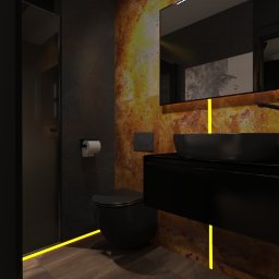G Art design studio Aleksandra Gumoś - Nowoczesna, czarna łazienka z oświetleniem LED, umywalką nablatową i lustrem. Ściany z efektem rdzy. Minimalistyczny design, akcent na detale.