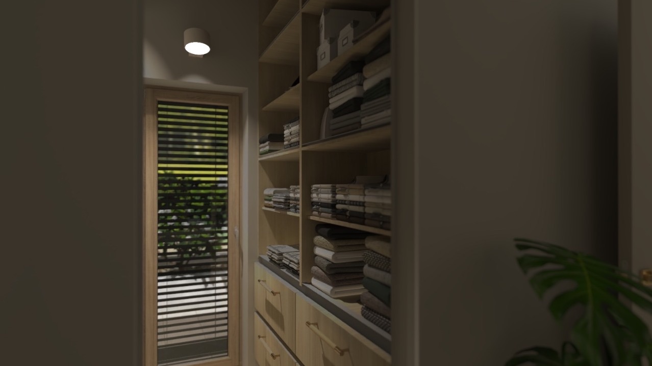 Półki w szafie wnękowej z ubraniami, widok z boku, z oknem w tle. Jasne drewno i stonowana kolorystyka tworzą minimalistyczny, ale przytulny klimat.