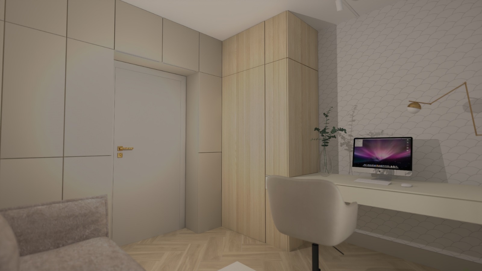 Nowoczesny pokój z biurkiem, komputerem i minimalistycznym wystrojem. Jasne kolory, drewniane akcenty i wzorzysta tapeta tworzą spójną całość.