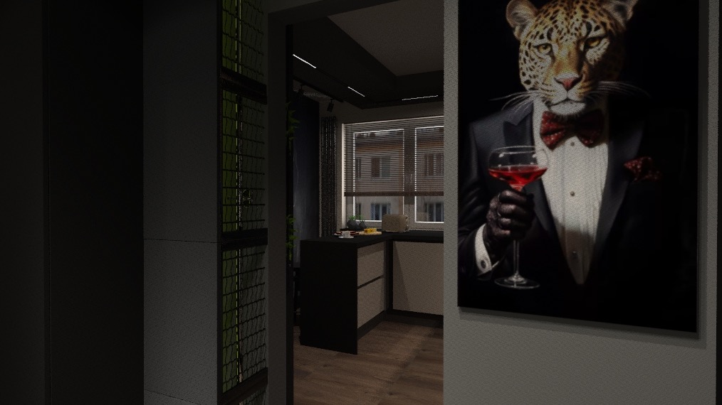 Nowoczesna kuchnia z obrazem leoparda w smokingu, pijącego wino. Minimalistyczne szafki, okno z żaluzjami i element dekoracyjny z zielenią.