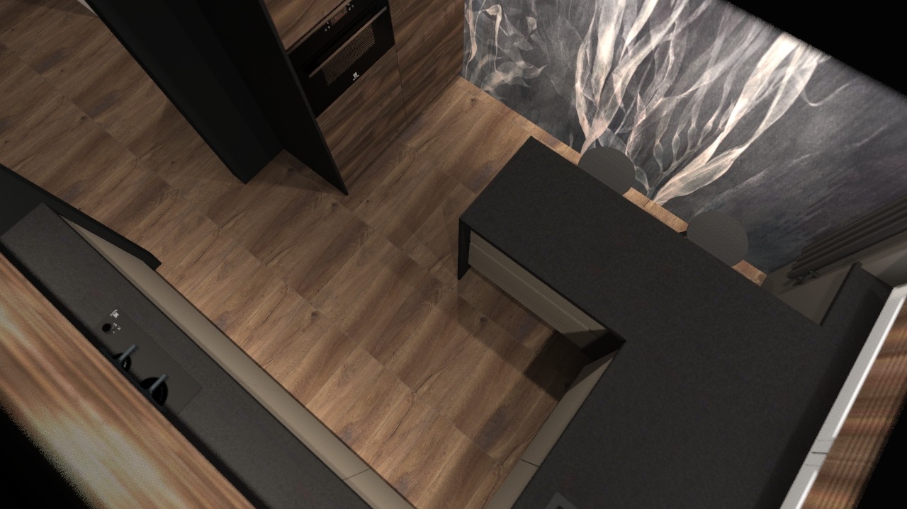 Nowoczesna kuchnia z drewnianą podłogą, czarnymi blatami i oryginalną tapetą z motywem dymu, widziana z góry pod kątem, prezentuje minimalistyczny design wnętrza.