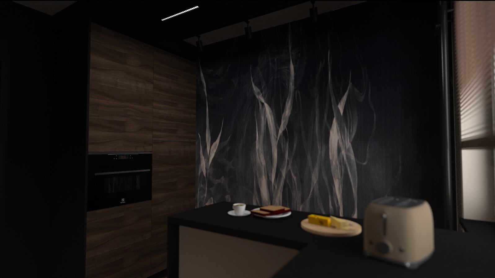 Nowoczesna kuchnia z drewnianymi szafkami, piekarnikiem Electrolux, czarnym blatem i abstrakcyjną tapetą w odcieniach szarości. Na blacie toster i śniadanie.