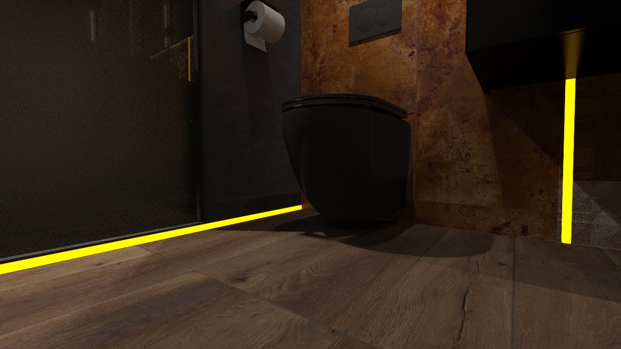 Nowoczesna toaleta w ciemnej tonacji z podświetleniem LED na podłodze z drewnianych paneli. Minimalistyczny design i ciepłe światło tworzą elegancką atmosferę.