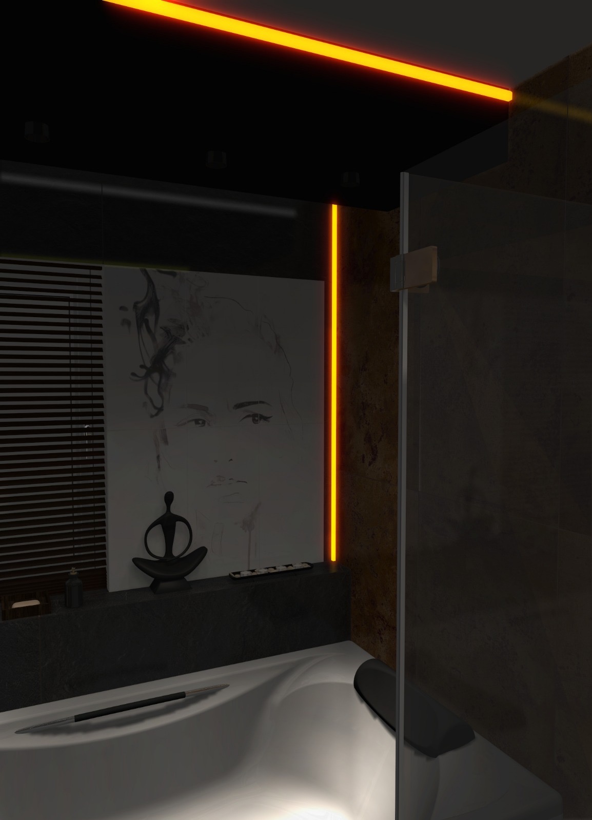 Nowoczesna łazienka z wanną, ciemnymi płytkami i oświetleniem LED. Na ścianie obraz z motywem portretu i dekoracyjna figurka. Minimalistyczny design.