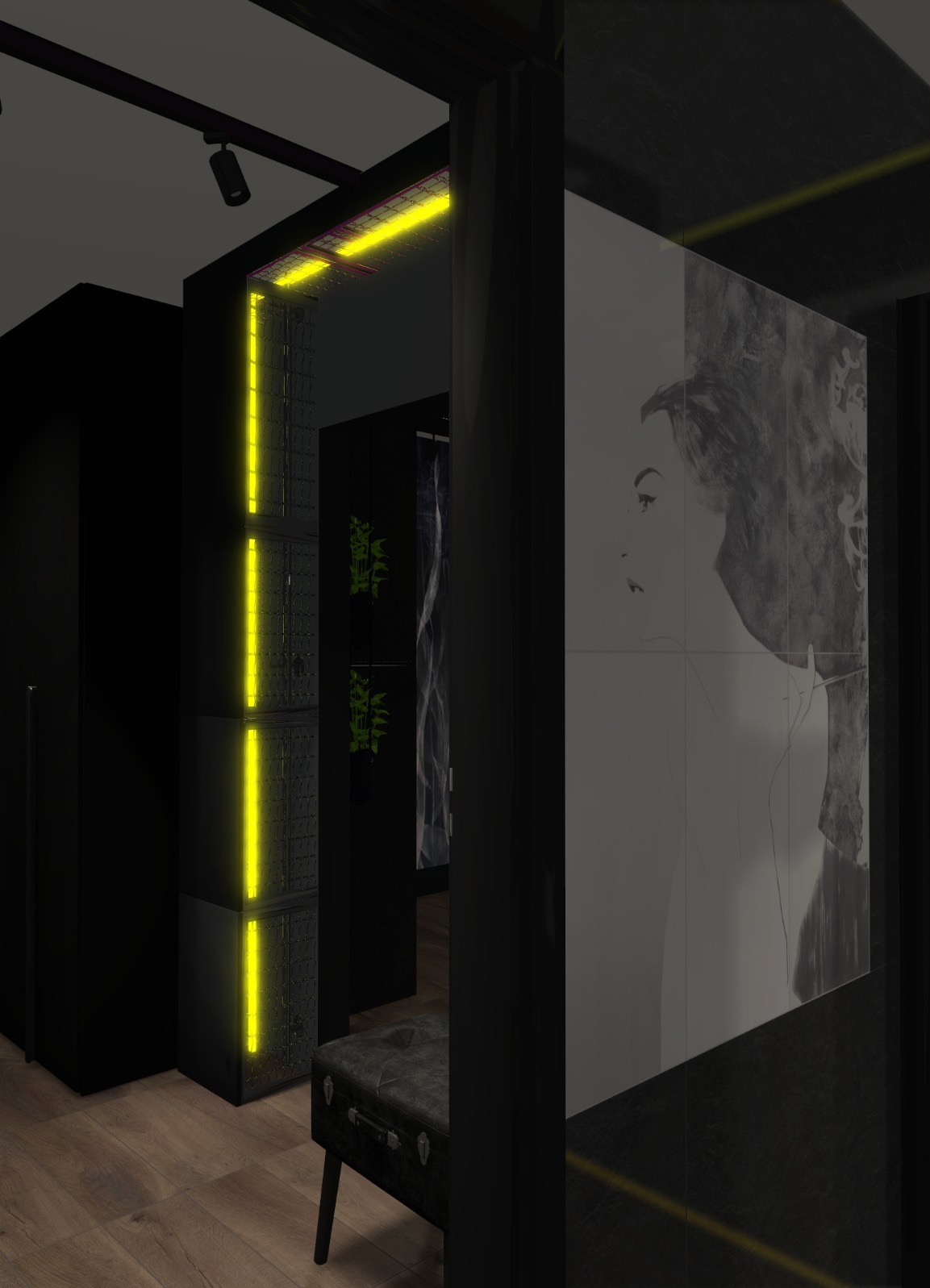 Nowoczesne wnętrze w czerni z akcentami żółtego światła: geometryczna zabudowa z oświetleniem LED, minimalistyczna ławka i portret na ścianie, tworzące spójną całość.