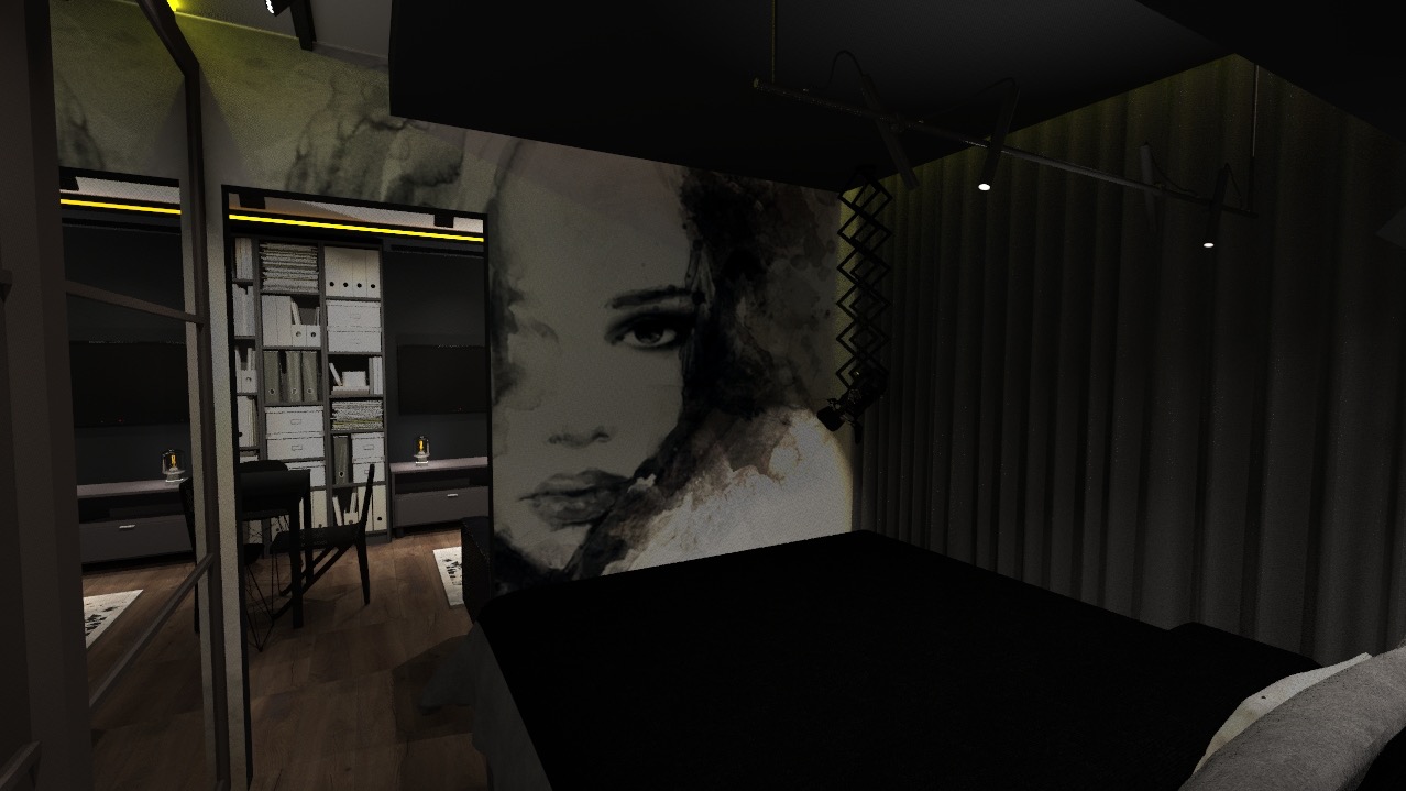 Nowoczesna sypialnia z minimalistycznym wystrojem: czarne łóżko, ściana z portretem kobiety w stylu akwareli i biurko z regałem w tle. Subtelne oświetlenie.