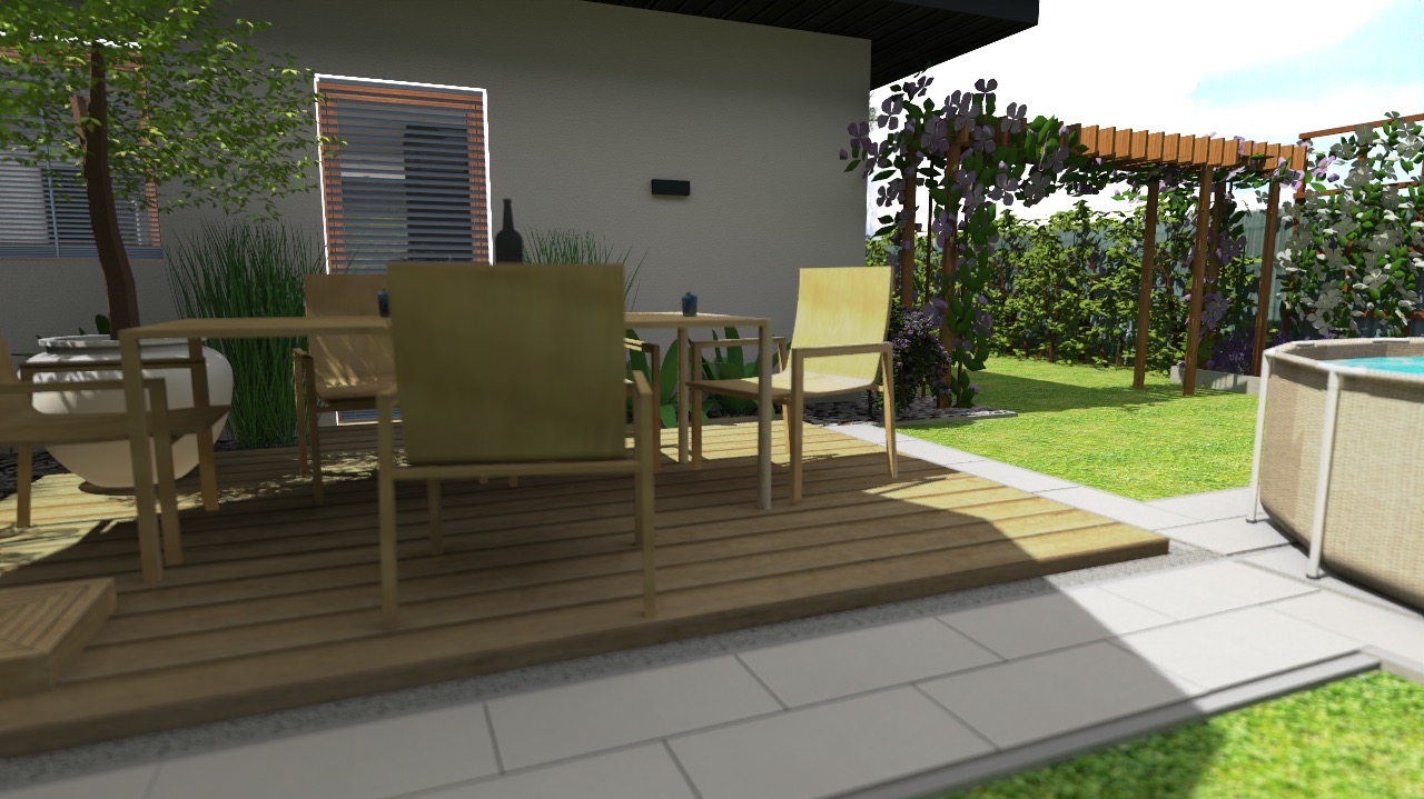 Letni taras z drewnianą podłogą i meblami ogrodowymi, pergola porośnięta kwiatami, trawnik i basen w tle. Scena relaksu w ogrodzie.