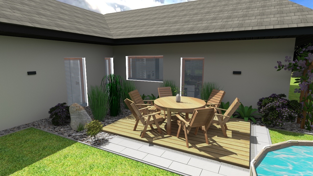 Wizualizacja tarasu z drewnianą podłogą i meblami ogrodowymi. W tle roślinność i fragment basenu. Realistyczny render projektu zagospodarowania przestrzeni.