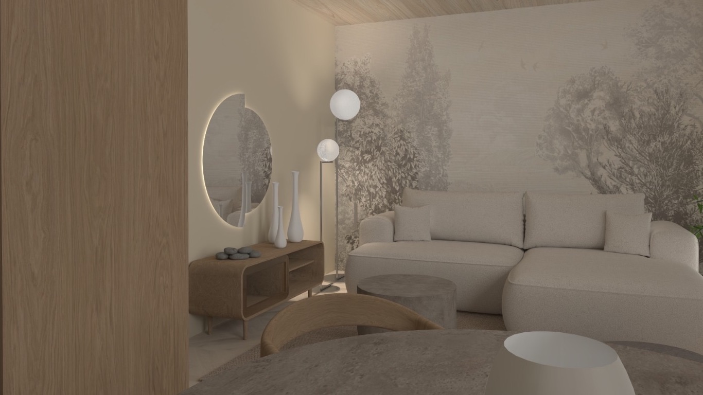 Jasne wnętrze salonu z okrągłym lustrem z podświetleniem LED,  wazonami i tapetą z motywem drzew. Minimalistyczny design, ciepłe oświetlenie.