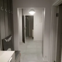 Korytarz w mieszkaniu z szarymi panelami podłogowymi, widok na otwarte drzwi do łazienki z kabiną prysznicową, lampa sufitowa w kształcie kuli.