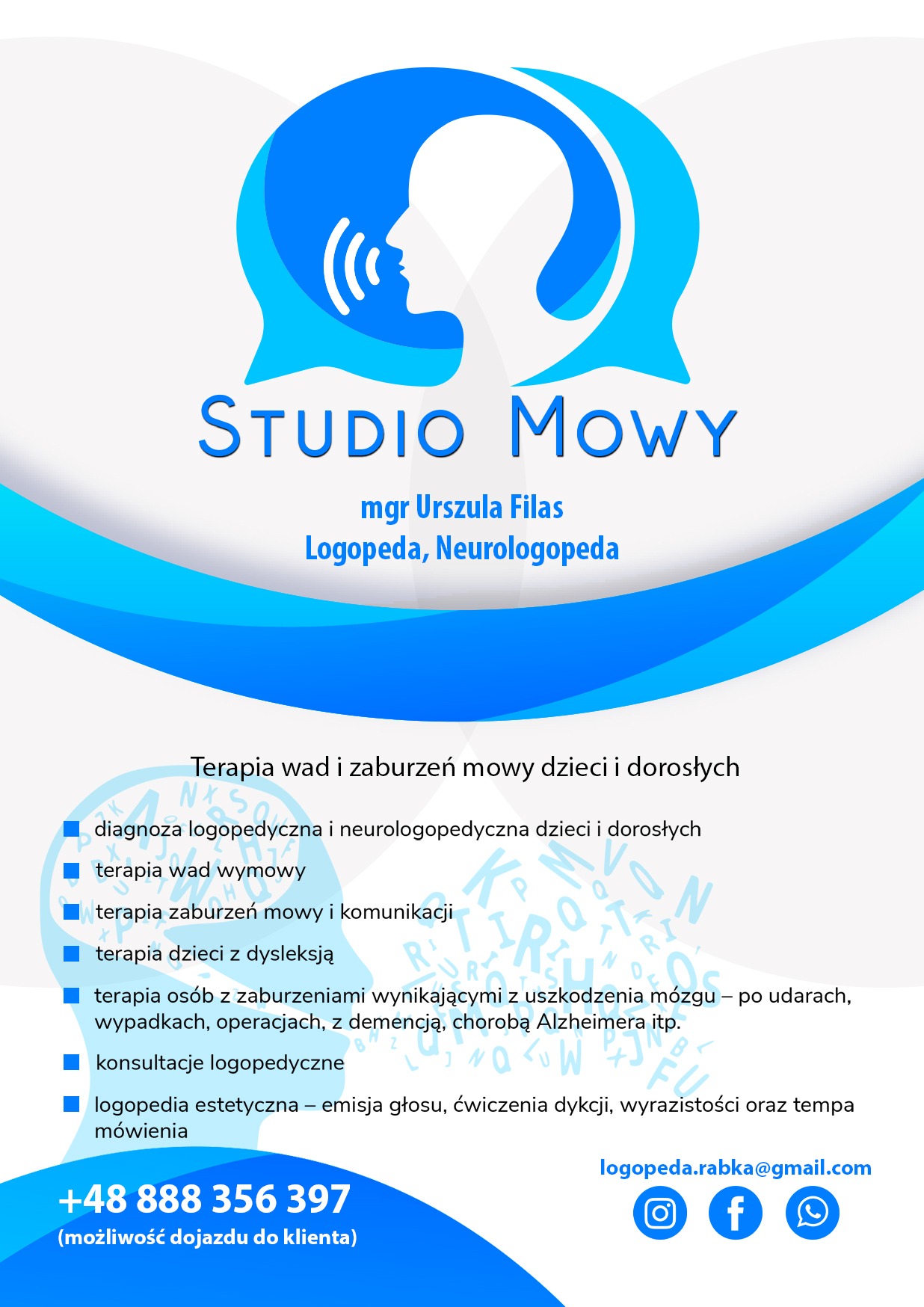 Niebiesko-biała grafika reklamowa Studio Mowy z sylwetką głowy w dymku, informacjami o mgr Urszuli Filas, logopedzie i neurologopedzie, listą oferowanych terapii, numerem telefonu, adresem e-mail...